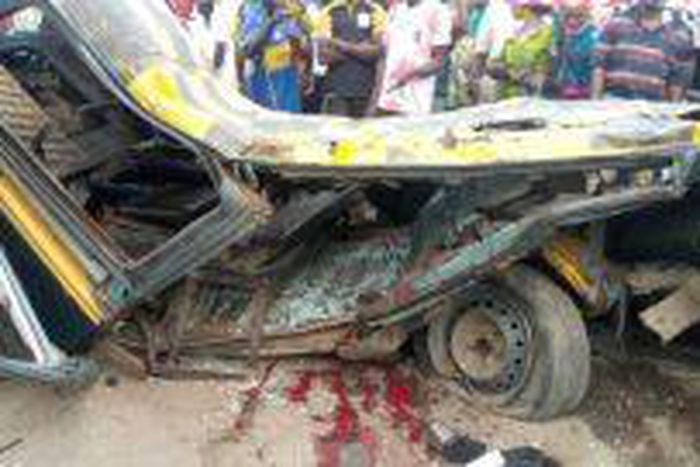 A picture of the 20-feet  container, involved in an accident which claimed two lives in  Lagos on Sunday.  [NAN]