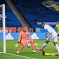 France's forward Kylian Mbappe (C) scores the opening goal past Sweden's goalkeeper Robin Olsen (L) during the UEFA Nations League football match between Sweden and France on September 5, 2020 at the Friends Arena in Solna, near Stockholm.