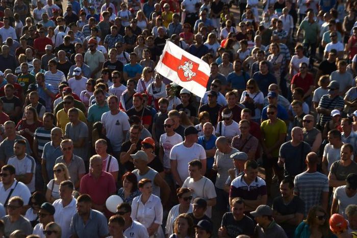 Belarus miners attend an opposition rally in the city of Salyhorsk on August 17, 2020