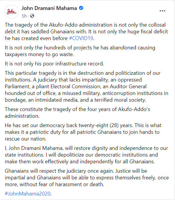 John Mahama's Facebook post