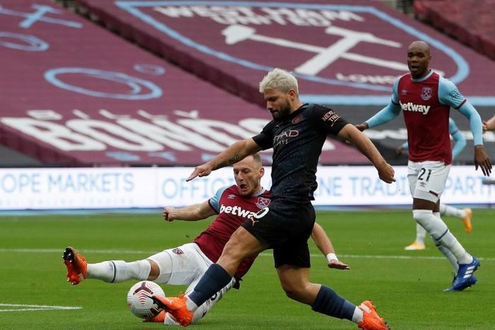 Sergio Aguero, in black, made his second league appearance of the season against West Ham only to suffer a fresh injury