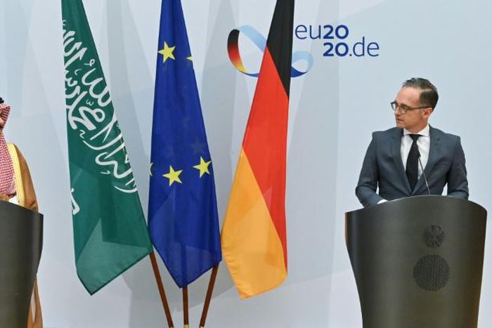 At a press conference with German Foreign Minister Heiko Maas (R), his Saudi counterpart Prince Faisal bin Farhan Al-Saud renewed criticism of Israeli policy on the Palestinians