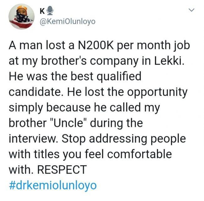 Respectful man loses lucrative job after referring to interviewer as 'uncle'