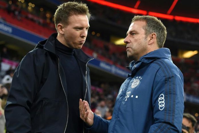 Bayern Munich coach Hansi Flick (R) hopes to face either RB Leipzig boss Julian Nagelsmann (L) or Paris Saint Germain's Thomas Tuchel in Sunday's Champions League final.