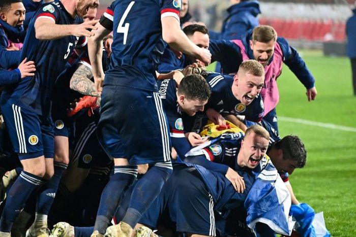 Scotland players celebrate qualifying for a major international tournament for the first time since 1998