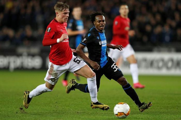 South Africa star Percy Tau (C) playing for Bruges against Manchester United this year in the Champions League