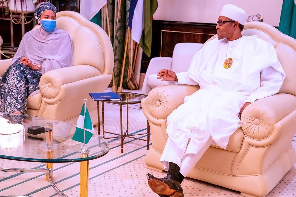 Deputy Secretary-General of the United Nations, Hajiya Amina Mohammed visits President Muhammadu Buhari at the Presidential Villa in Abuja on Monday, November 9, 2020. [Twitter/@NigeriaGov]