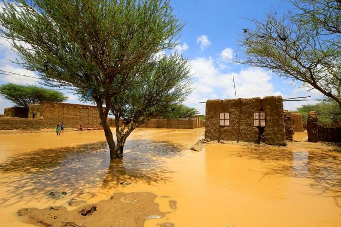 Sudanese children stand across a flooded street after torrential rain led to landslides and flash floods in the town of Umm Dawan Ban, southeast of the capital Khartoum