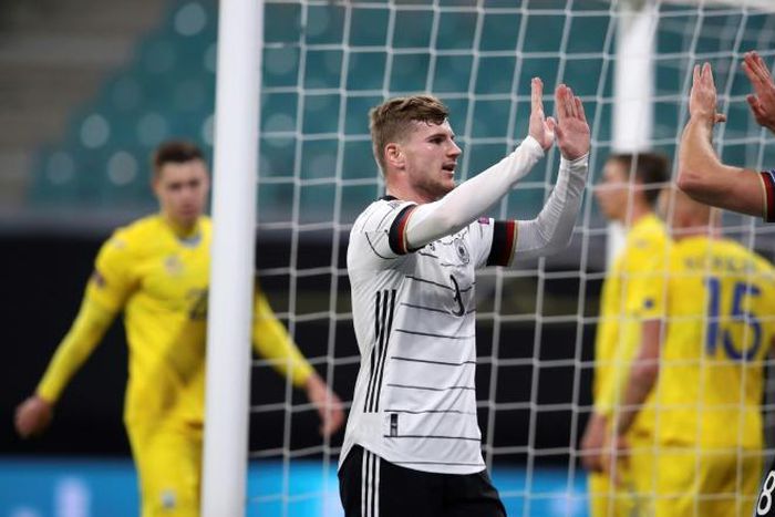 Timo Werner (C) celebrates with Leon Goretzka (R) in Germany's Nations League win over Ukraine on Saturday in the Nations League
