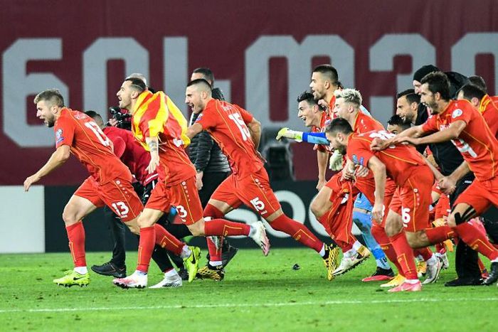 North Macedonia players celebrate after beating Georgia to qualify for Euro 2020