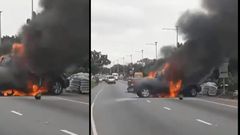 Video: Toyota Tundra catches fire after crashing with Okada on Legon Bypass