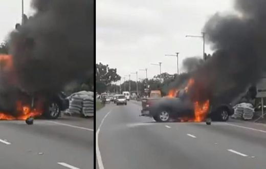 Video: Toyota Tundra catches fire after crashing with Okada on Legon Bypass