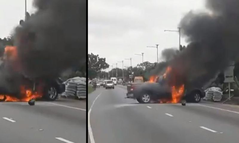 Video: Toyota Tundra catches fire after crashing with Okada on Legon Bypass