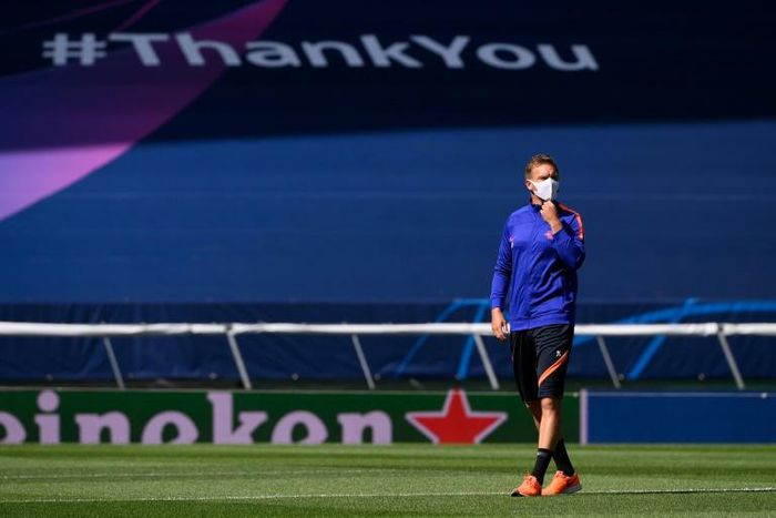 Leipzig head coach Julian Nagelsmann at the Jose Alvalade stadium before Thursday's Champions League quarter-final against Atletico Madrid.