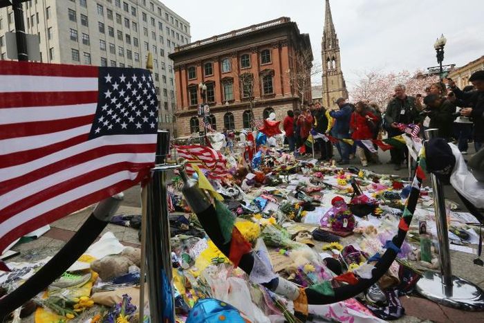 A makeshift memorial site for victims of the Boston Marathon bombing, photographed in April 2013