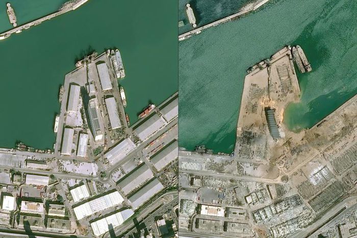 These satellite images by Airbus DS shows a view of the port of Beirut on January 25 and on August 5, a day after the blast sowed devastation across the city