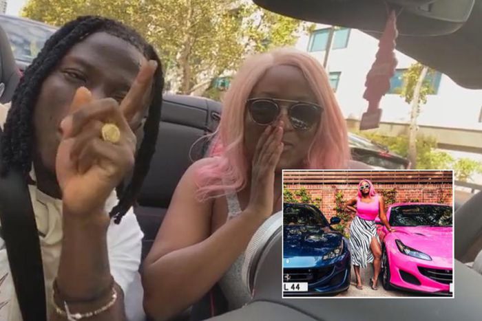 Stonebwoy and DJ Cuppy in her new Ferrari