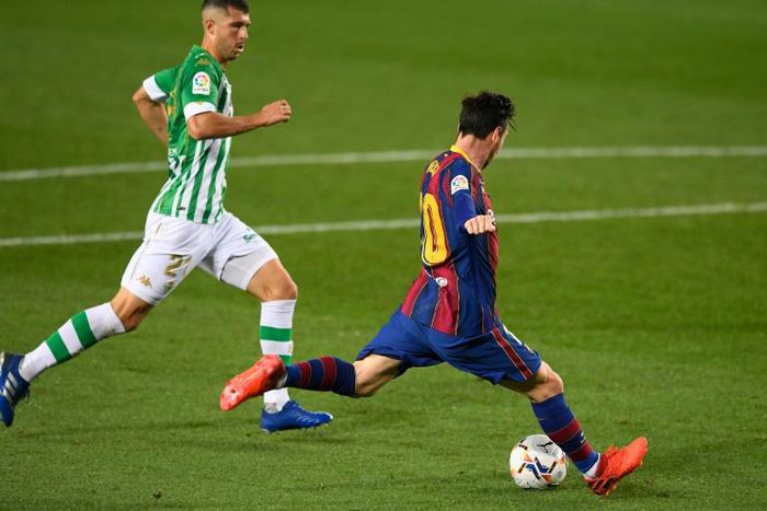 Lionel Messi scoring his first goal of the season from open play against Real Betis on Saturday.