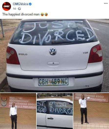 Man celebrates divorce by driving all over town in a car littered with "Just Divorced"
