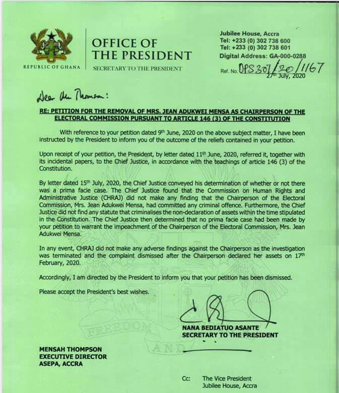 Presidency rejects ASEPA's claim against EC chairperson, Jean Mensa
