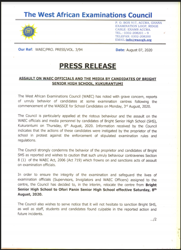 WAEC relocates WASSCE exam centre from Bright SHS to Ofori Panin SHS after riots