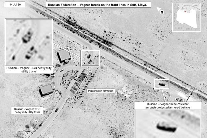 This July 14, 2020 satellite image released by the US Africa Command reportedly shows proof of Russia's involvement in Libya by showing Wagner utility trucks and Russian mine-resistant, ambush-protected armored vehicles in Sirte