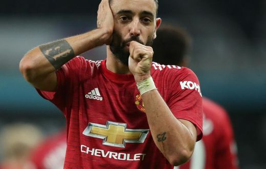 Manchester United midfielder Bruno Fernandes celebrates scoring against Newcastle