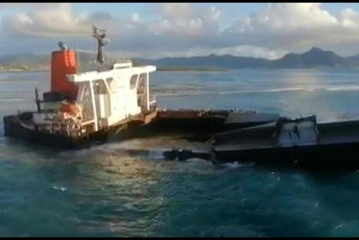 Aerial images of the Japanese-owned MV Wakashio ship that ran aground on a coral reef off the shores of Mauritius on July 25. The container is leaking tonnes of oil into a protected marine park home to mangrove forests and endangered species