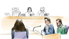 A court sketch by artist Johan Hallnas shows the defendant Daniel Nyqvist (front right), accused of committing a double murder in 2004