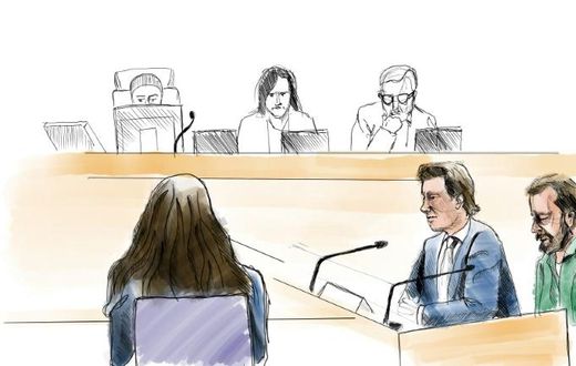 A court sketch by artist Johan Hallnas shows the defendant Daniel Nyqvist (front right), accused of committing a double murder in 2004