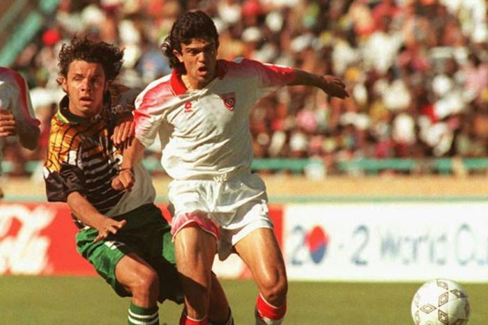 Mark Fish (L) playing in the 1996 Africa Cup of Nations final against Tunisia, which South Africa won 2-0 in Soweto