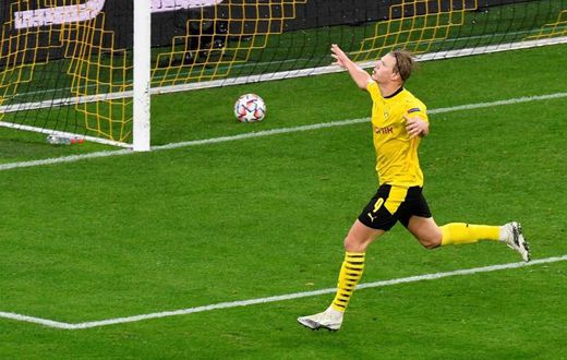 On target: Dortmund's Erling Braut Haaland celebrates scoring