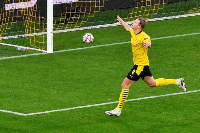 On target: Dortmund's Erling Braut Haaland celebrates scoring