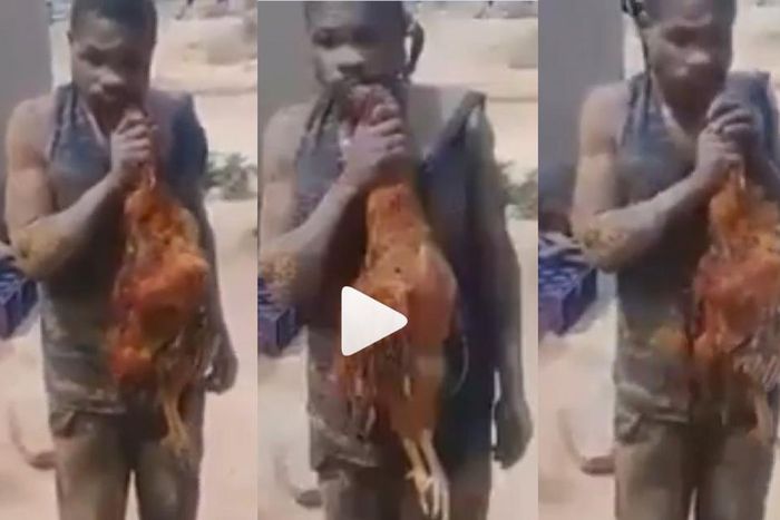 Residents laugh hard as fowl thief is forced to eat the bird uncooked