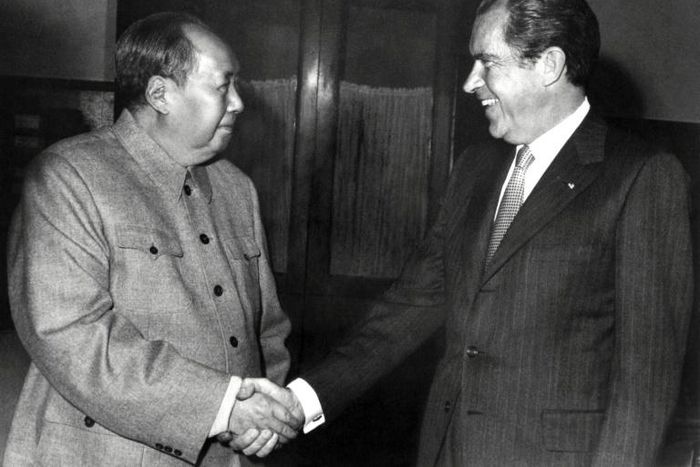 Chinese leader Mao Zedong and President Richard Nixon hold a historic meeting on February 22, 1972