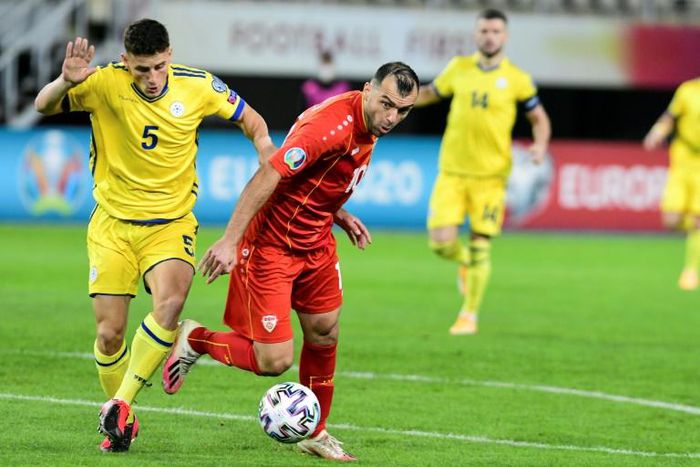 Goran Pandev (R) and North Macedonia face fellow minnows Georgia for a place at the delayed Euro 2020