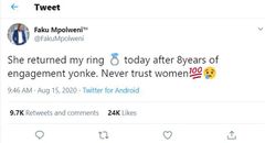 Never trust women; she returned my ring after 8 years of engagement – Heartbroken man