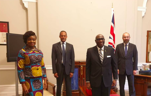The Minister for Africa, Mr. James Dundridge, Adam AfriyieMP & Trade envoy for Ghana, Commonwealth and Development Office, and the High Commissioner together with the Head of Chancery, Mrs Matilda A. Osei-Agyeman during the farewell meeting.