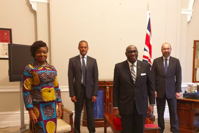 The Minister for Africa, Mr. James Dundridge, Adam AfriyieMP & Trade envoy for Ghana, Commonwealth and Development Office, and the High Commissioner together with the Head of Chancery, Mrs Matilda A. Osei-Agyeman during the farewell meeting.