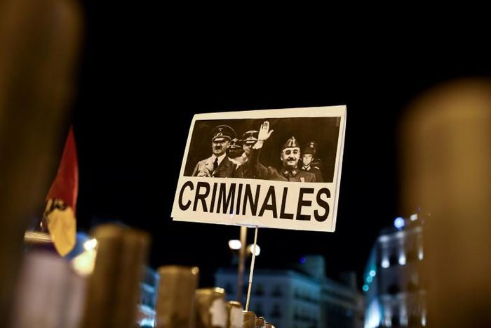 A placard depicting German leader of the Nazi party Adolf Hitler and Spanish dictator Francisco brandished in Madrid last year during a protest after Franco's remains were moved from a grandiose state mausoleum to  more discreet grave