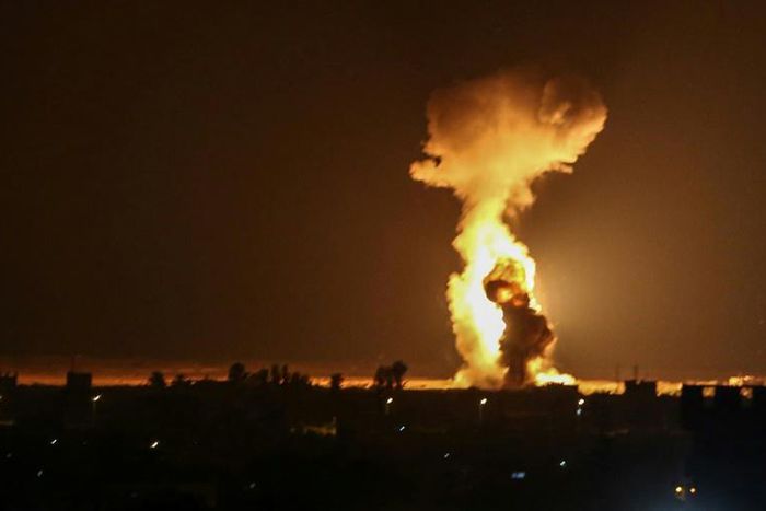 Smoke and flames rise after Israeli war planes carried out airstrikes on the southern Gaza Strip city of Rafah on August 12
