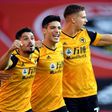Wolves striker Raul Jimenez (C) celebrates scoring against Sheffield United