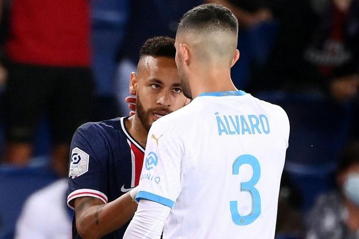 Neymar was sent off after a clash with Marseille defender Alvaro Gonzalez