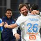 Marseille's Florian Thauvin celebrates his opener with coach Andre Villas-Boas
