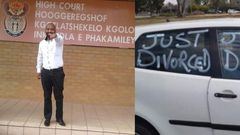 Man celebrates divorce by driving all over town in a car littered with "Just Divorced"