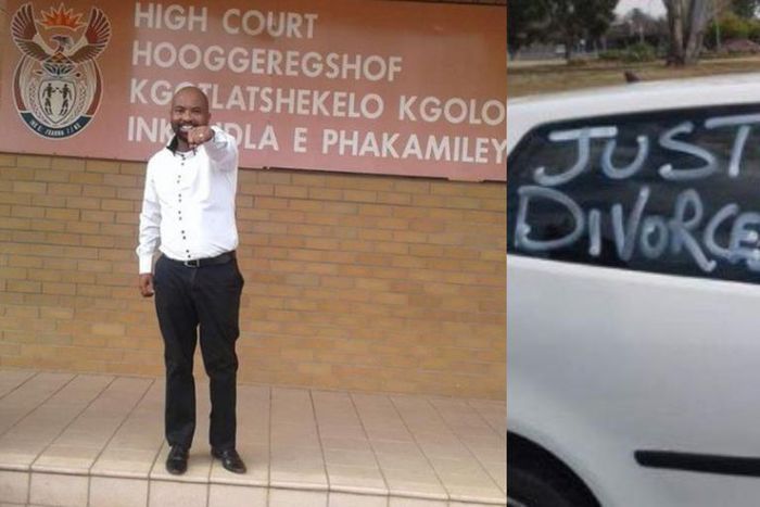 Man celebrates divorce by driving all over town in a car littered with "Just Divorced"