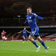 Leicester striker Jamie Vardy celebrates his goal at Arsenal