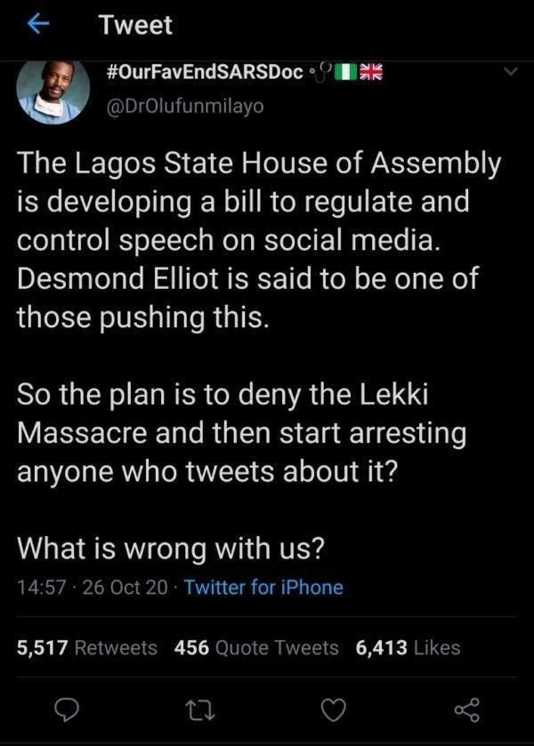 Dr Olufumilayo tweet about Desmond Elliot