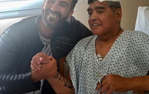 Argentine football legend Diego Maradona (R) and his doctor Leopoldo Luque are pictured in Olivos, Argentina on November 11, 2020 
Maradona is expected to leave hospital on Wednesday, eight days after undergoing surgery to remove a blood clot on his br...