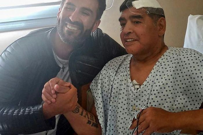 Argentine football legend Diego Maradona (R) and his doctor Leopoldo Luque are pictured in Olivos, Argentina on November 11, 2020 
Maradona is expected to leave hospital on Wednesday, eight days after undergoing surgery to remove a blood clot on his br...